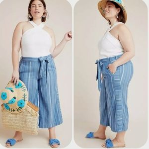 Anthropologie Plus Size Laguna Blue striped wide leg crop linen Blend pants 1x